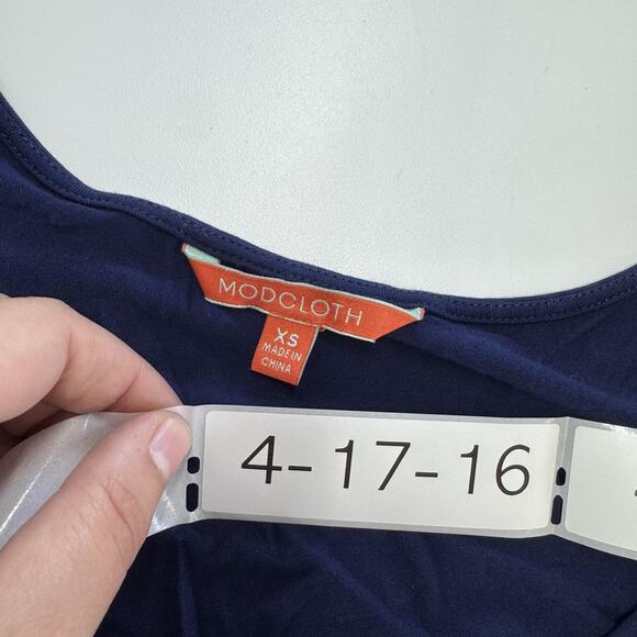 ModCloth Dress Womens XS Navy Blue Flare Bell Sleeve Ruffle Hem Rayon Stretch - Picture 3 of 6